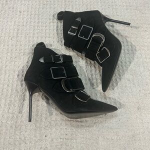 Burberry Black Suede Milner Buckle Detail Pointed Toe Ankle Boots Size 39